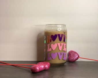 Valentines Day Beer Can Glass / Groovy Love Heart Glass / Custom Iced Coffee Cup / Coffee Lover Cup / Gift for her / Holographic Tumbler