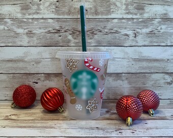 Merry Christmas Gingerbread Snowflakes Sbux Cold Cup / Grande Reusable Custom Tumbler / Gift for Her / Holiday Personalized Kids Cup