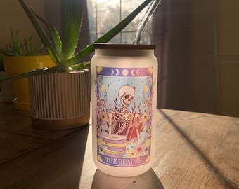 The Reader Tarot Card Glass / Tarot Card Coffee Cup / Occult Iced Coffee Glass / Book Lovers Gift / Gift for Her / Skeleton Beer Can Glass