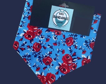 Blue and red floral Slip-on the collar dog bandana, cat bandana, roses, Fourth of July, American