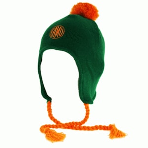 May include: Green knit beanie with an orange pom pom and ear flaps. The beanie has an orange embroidered logo that says "FAMO". The ear flaps are tied together with orange cords.