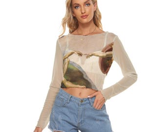 Creation of Adam Mesh Crop Top | Michelangelo Sistine Chapel Print | Long Sleeve Sheer Art History Top | Medievalcore