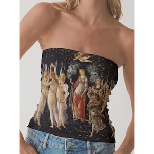 May include: A strapless tube top featuring a dark, detailed print of Sandro Botticelli's Primavera painting. The garment displays multiple figures in classical attire, including the Three Graces and Venus, set against a dark forest background.