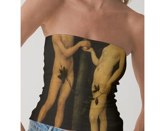 Adam and Eve Strapless Top, Renaissance Art Print, Latin Motto, Whimsigoth Double-Layer