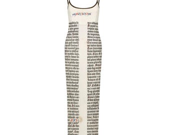 Medieval Manuscript Maxi Dress | Sheer Mesh Illuminated Gutenberg Print | Dark Academia Whimsigoth Gothic Bodycon | Art History Slip Dress