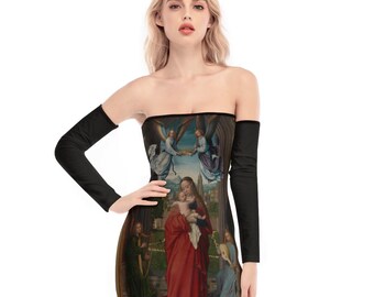 Saintcore Corset Mini Dress | Off Shoulder Renaissance Madonna Art Print