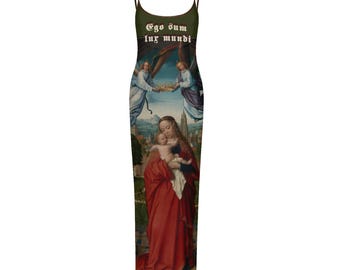 Renaissance Madonna Print Maxi Dress | Medieval Slip Dress | Ego Sum Lux Mundi Rosalia| Dark Academia Painting Gown
