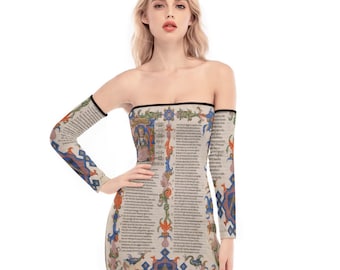 Dante's Inferno Manuscript Print Corset Mini Dress, Off-Shoulder Lace-Up Festival Outfit