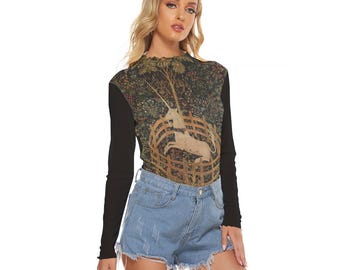 Unicorn Tapestry Mesh Top | Gothic Medieval Long Sleeve | Art History Shirt