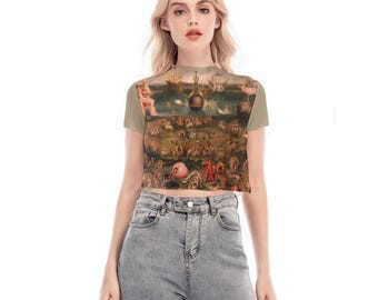 Garden of Earthly Delights Crop Mesh Top – Bosch Renaissance Art Sheer Short Sleeve Shirt