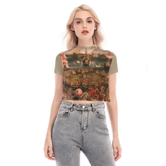 Garden of Earthly Delights Crop Mesh Top – Bosch Renaissance Art Sheer Short Sleeve Shirt
