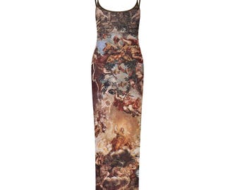 Gothic Cathedral Ceiling Mesh Maxi Dress | Pietro da Cortona Fresco | Renaissance Art Bodycon | Whimsigoth Dark Academia Slip Dress