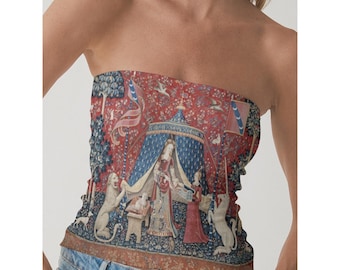 Lady Unicorn Tapestry Strapless Top, Medieval Millefleur Art Print