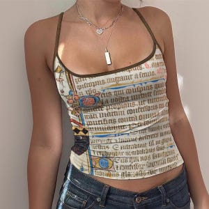 lluminated Manuscript Tank Top, Fitted Tank, Gothic Latin Script, Medievalcore Whimsigoth Spaghetti Strap