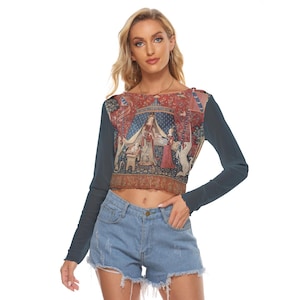 Lady and the Unicorn Crop Top | Medieval Tapestry Print | Long Sleeve Mesh Top | Dark Academia Medievalcore