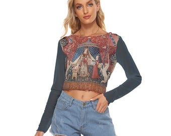 Lady and the Unicorn Crop Top | Medieval Tapestry Print | Long Sleeve Mesh Top | Dark Academia Medievalcore