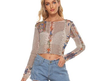 Dante’s Inferno Manuscript Cropped Mesh Top | Medieval Illumination Second Skin | Gothic Literary Sheer Shirt