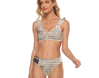 Medievalcore Bikini · Gothic Latin Print Two-Piece · Dark Academia Ruffle Swimsuit · Calligraphy Swimwear