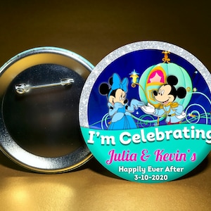 Just Married feat MICKEY & MINNIE as Cinderella and Prince Charming - 3" Pin Back Celebration Button - Disney Fairytale Wedding -Vow Renewal