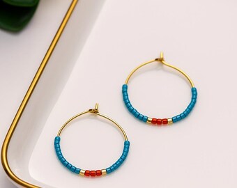 Turquoise Miyuki Beaded Hoop Earrings: Gold-Plated Stainless Steel