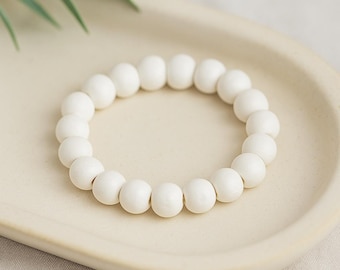 White Wooden Bead Stretch Bracelet, Lightweight Stackable Boho Jewelry