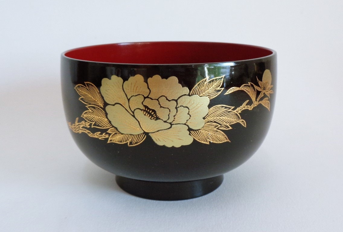 4108 Black and Gold Lacquer Rice Bowls set 5 Japanese Etsy