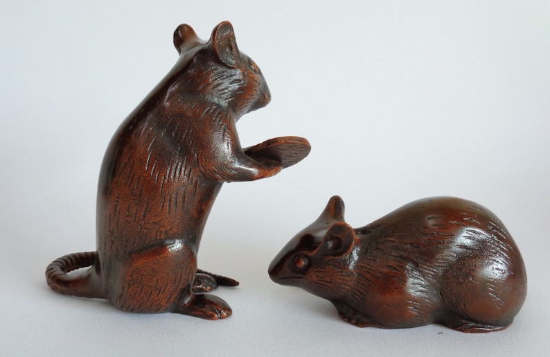 2379# Pair Of Iron Rats with Ancient Lucky coin Okimono Ornament Japanese Heavy Iron Rat Sculpture