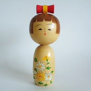 Japanese Sosaku Kokeshi Doll: Signed Wooden Art, Floral Design