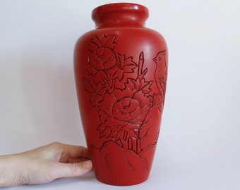 村上塗 花瓶：手彫り鳥、銅製挿し、木彫堆朱 - Etsy 日本