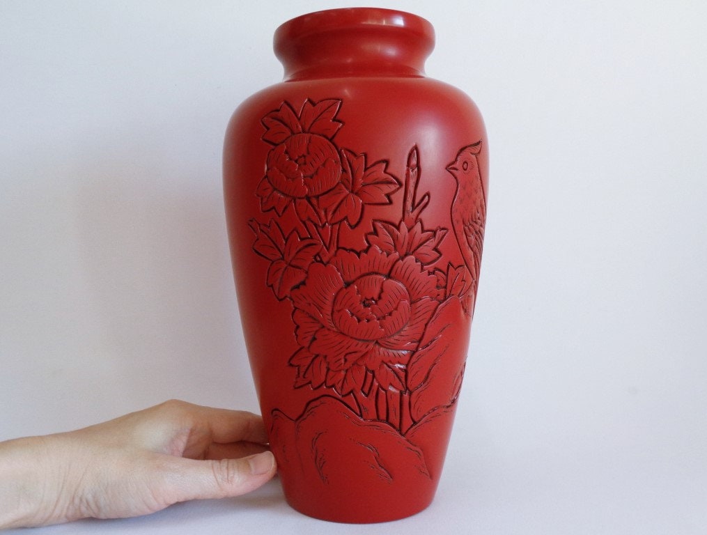Murakami Lacquer Wooden Vase With Carved Bird and Copper Murakami Lacquer Wooden Vase With Carved Bird and Copper