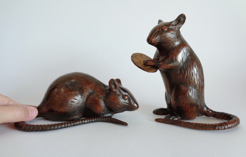 2379# Pair Of Iron Rats with Ancient Lucky coin Okimono Ornament Japanese Heavy Iron Rat Sculpture