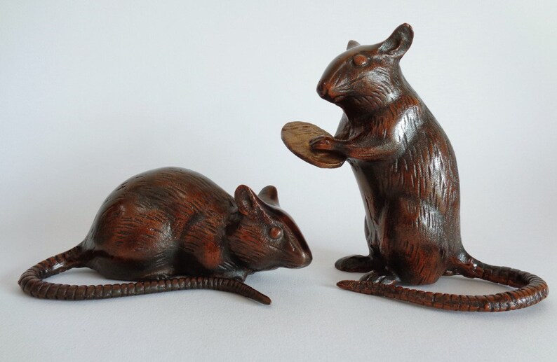 2379# Pair Of Iron Rats with Ancient Lucky coin Okimono Ornament Japanese Heavy Iron Rat Sculpture