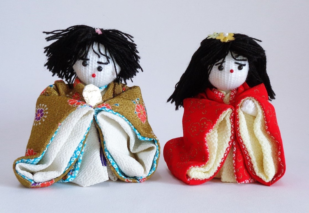 Japan Hina Art Dolls Pair Japanese Chirimen-zaiku Crafts , Vtg