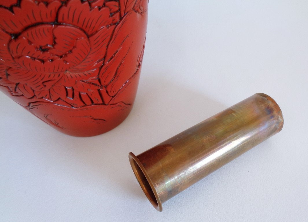Murakami Lacquer Wooden Vase With Carved Bird and Copper Murakami Lacquer Wooden Vase With Carved Bird and Copper