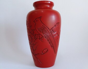 Murakami Lacquer Wooden Vase With Carved Bird and Copper Murakami Lacquer Wooden Vase With Carved Bird and Copper