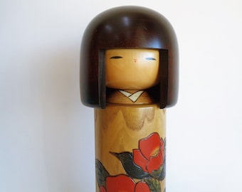 Large Kokeshi by Usaburo Okamoto "Camellia Tsubaki"  Vintage Japanese Wooden  Art doll, Marked-Signed