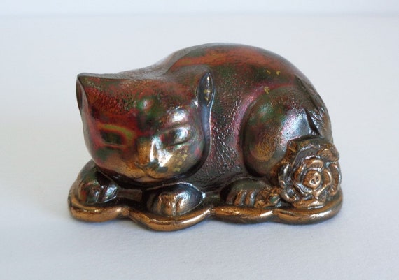 4854 Sleeping Cat Vtg.japanese Brass-copper Okimono Ornament