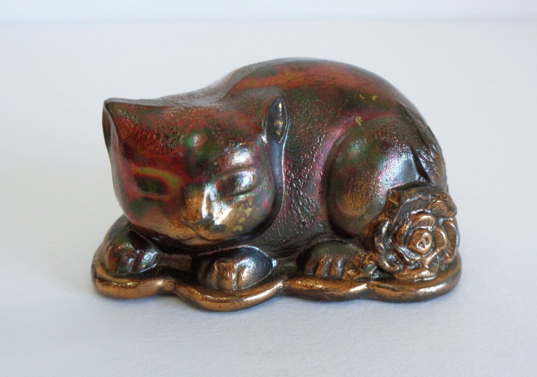 4854 Sleeping Cat Vtg.japanese Brass-copper Okimono Ornament ,sleeping Cat  Brass Statuette 