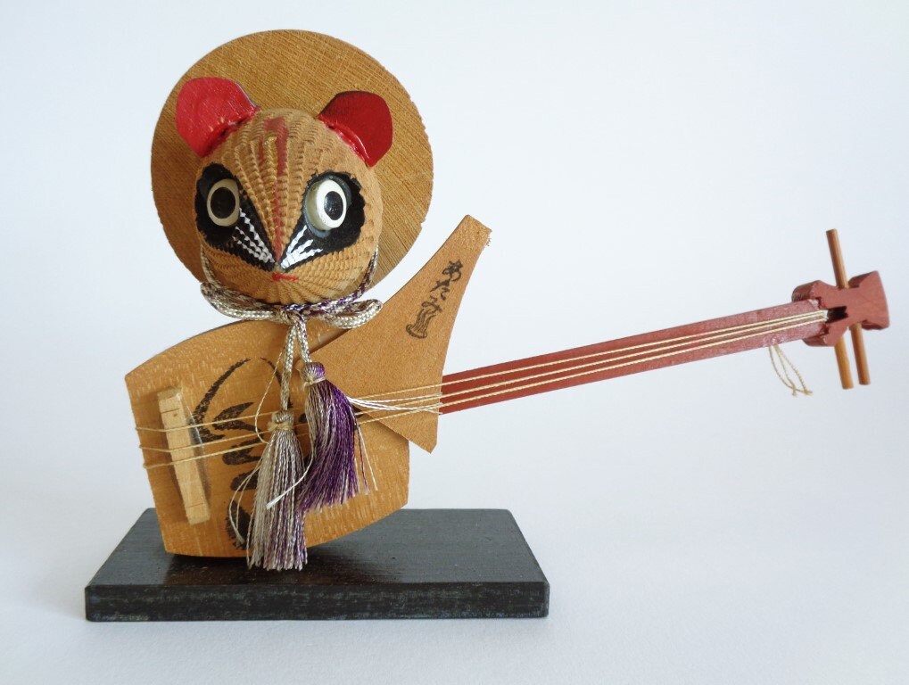 Tanuki wooden Kokeshi doll, Japanese Handcrafted Wooden Tanuki doll, Vtg Japanese Mingei folk art #5184