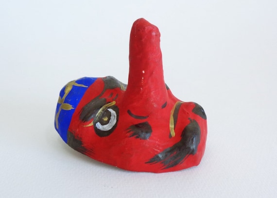 Vintage Tengu Mask: Handmade Paper Mache Japanese Goblin Lucky Charm