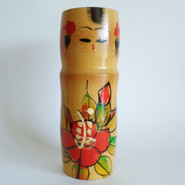 5439# Ikebana vase bambou Kokeshi poupée Vtg Japonais Artistique Bambou artisanat kokeshi