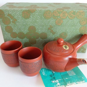 2456# Tea set Japanese Tokoname ware Studio Pottery Yokode no Kyusu Teapot & 2 Tea cups # Unused # Genuine Pack Box