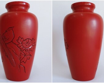 Murakami Lacquer Wooden Vase With Carved Bird and Copper Murakami Lacquer Wooden Vase With Carved Bird and Copper