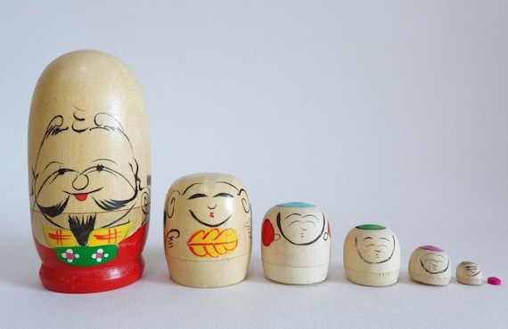 Vintage Daruma Wooden Nesting Dolls: Japanese Kokeshi Set of 7