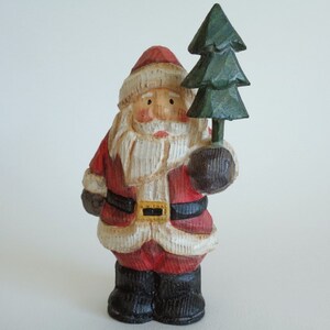 Santa Claus Holding tree Handmade Wooden statuette figurine,Wood carved Decorative Christmas Ornament,Vintage unused #Genuine Pack Box #1584