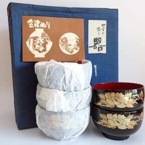 Cuenco lacado en negro y rojo, cuencos para arroz y sopa con juego de 5 Maki-e dorados, cuencos para servir de loza tradicional japonesa, caja genuina n.° 4108