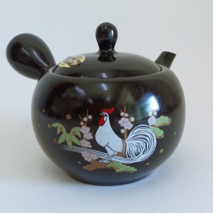 Kyusu teapot with Rooster pattern,Japanese Tokoname ware Studio pottery Yokode no Kyusu with Stainless steel strainer ,Unused #4621