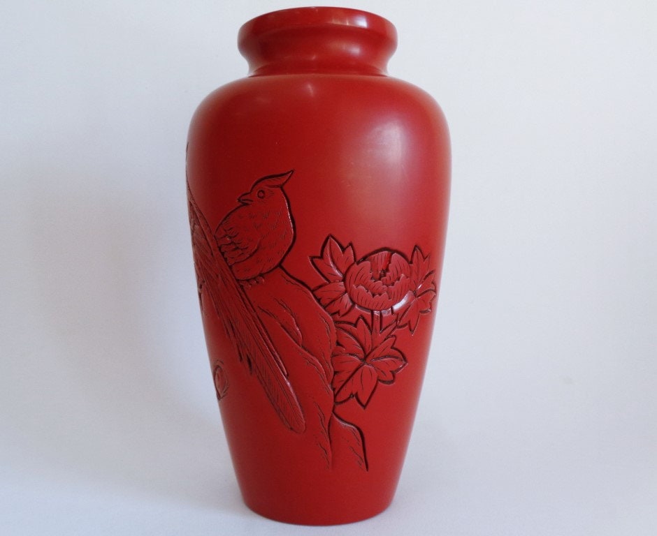 Murakami Lacquer Wooden Vase With Carved Bird and Copper Murakami Lacquer Wooden Vase With Carved Bird and Copper