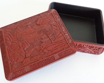 Chinese Cinnabar style decorative Trinket-Jewelry Vintage box made in Japan  #1598
