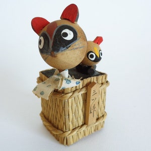 Tanuki wooden Kokeshi doll, Japanese Handcrafted Wooden Tanuki doll, Vtg Japanese Mingei folk art #5187